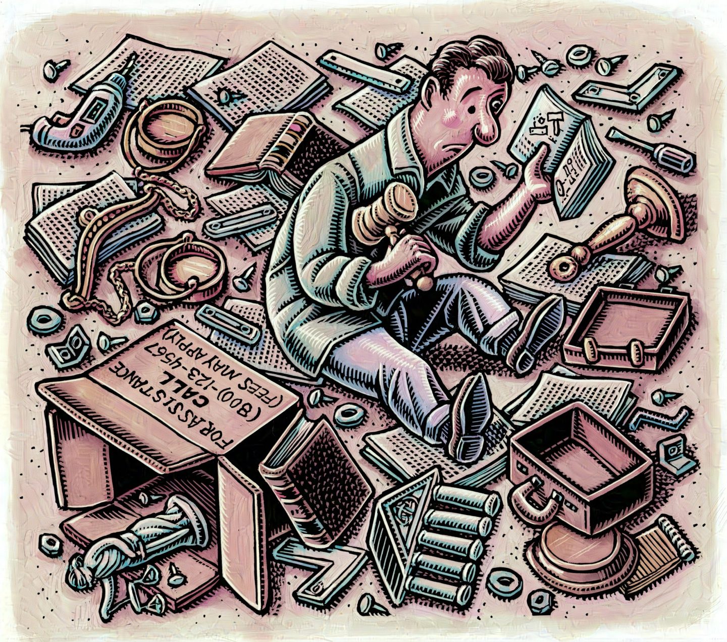 Man,With,Diy,Lawyer,Kit,Of,Gavel,,Briefcase,,Justice,Statue,